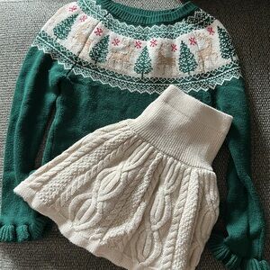 Festive Green Knit Sweater with Cream Skirt